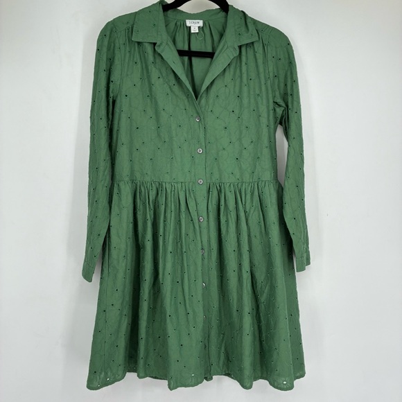 J. Crew Dress Eyelet Mini Shirt Dress Womens 4 Spring Kelly Long Sleeve 2024 - Picture 3 of 11
